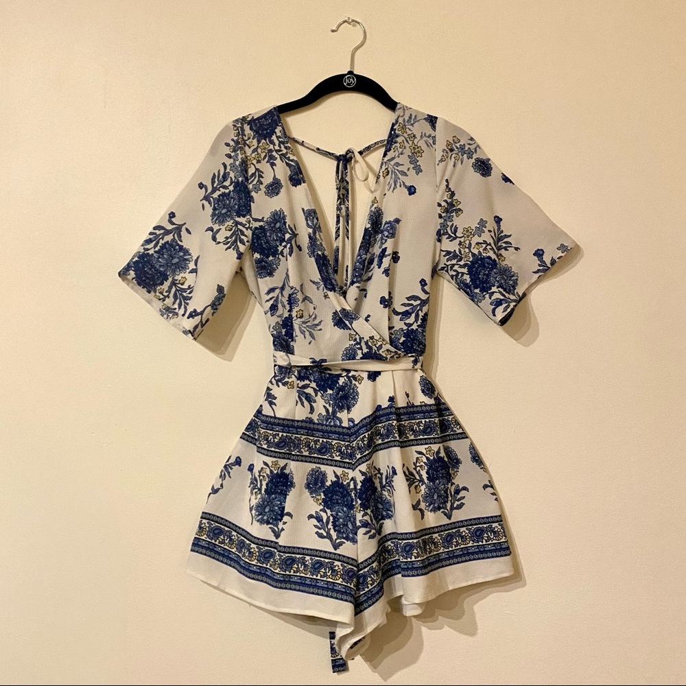 TRIXXI Off White with Blue Bohemian/Floral Pattern Romper